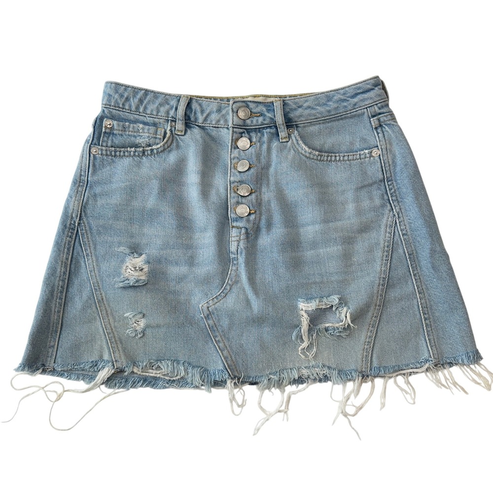 Free People We The Free Denim Mini Skirt Distressed Button Fly Light Wash Sz 27‎